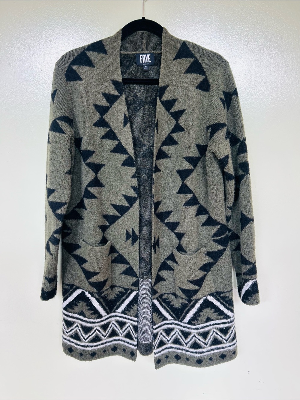 FRYE Olive & Black Geometric Open Cardigan
